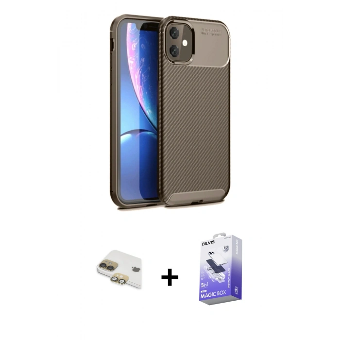 MARSİLYAN™- iPhone 11 Kılıf Eksen Form Prime - Siyah Bilvis 5in1 5D Magic Hayalet Cam Ekran Koruyucu + Pers Alüminyum Kamera Lens - GD
