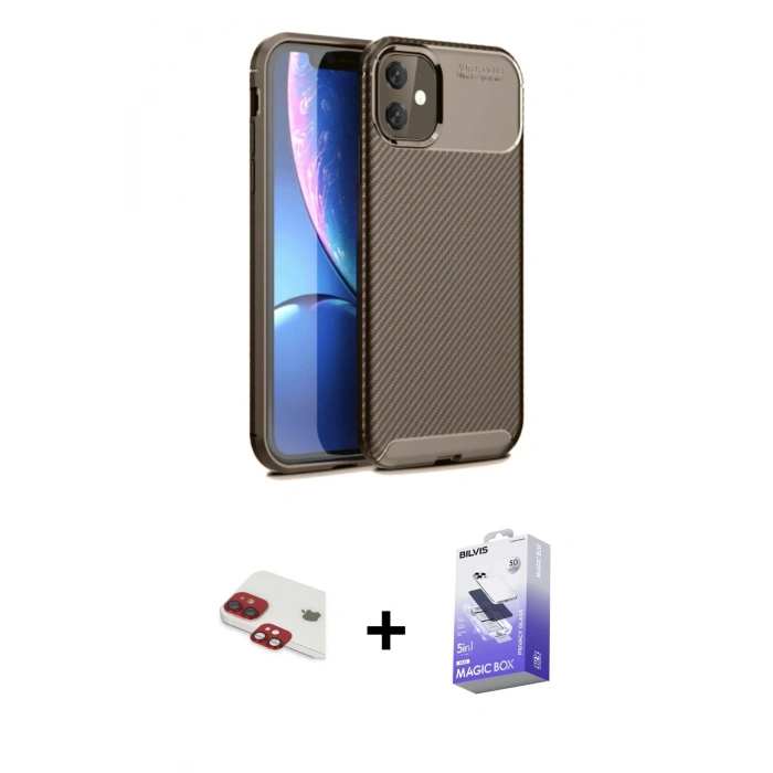 MARSİLYAN™- iPhone 11 Kılıf Eksen Form Prime - Siyah Bilvis 5in1 5D Magic Hayalet Cam Ekran Koruyucu + Pers Alüminyum Kamera Lens - KI
