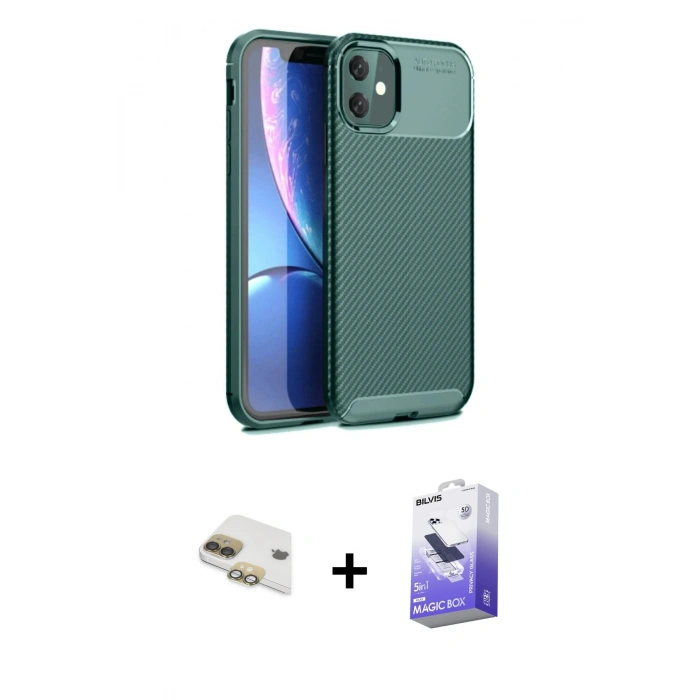 MARSİLYAN™- iPhone 11 Kılıf Eksen Form Prime - Siyah Bilvis 5in1 5D Magic Hayalet Cam Ekran Koruyucu + Pers Alüminyum Kamera Lens - GD