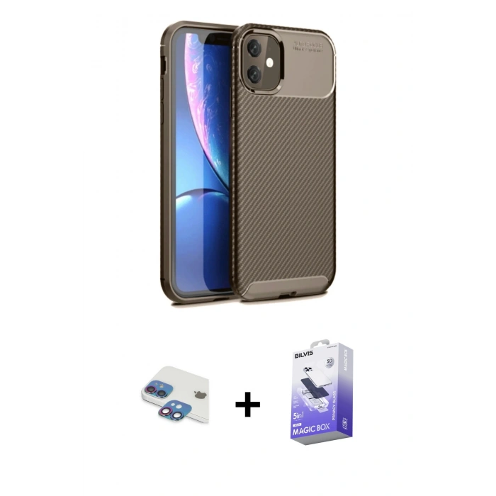 MARSİLYAN™- iPhone 11 Kılıf Eksen Form Prime - Siyah Bilvis 5in1 5D Magic Hayalet Cam Ekran Koruyucu + Pers Alüminyum Kamera Lens - GI