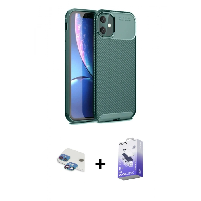 MARSİLYAN™- iPhone 11 Kılıf Eksen Form Prime - Siyah Bilvis 5in1 5D Magic Hayalet Cam Ekran Koruyucu + Pers Alüminyum Kamera Lens - GI