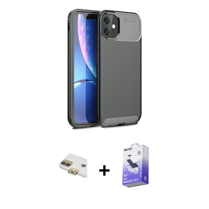 MARSİLYAN™- iPhone 11 Kılıf Eksen Form Prime - Siyah Bilvis 5in1 5D Magic Hayalet Cam Ekran Koruyucu + Pers Alüminyum Kamera Lens - GD