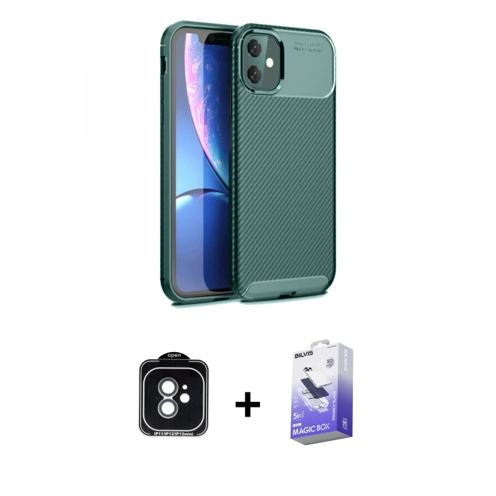 MARSİLYAN™- iPhone 11 Kılıf Eksen Form Prime - Siyah Bilvis 5in1 5D Magic Hayalet Cam Ekran Koruyucu + PVD Metal Kamera Lens - YL