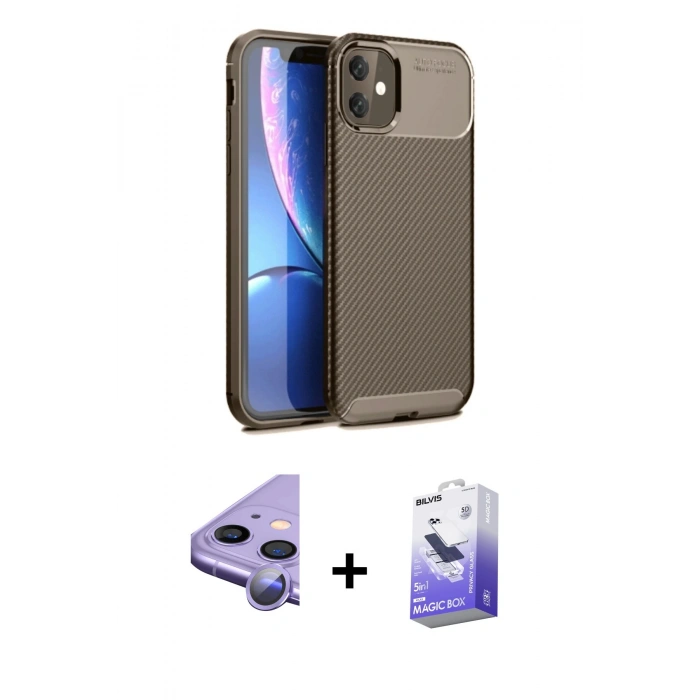 MARSİLYAN™- iPhone 11 Kılıf Eksen Form Prime - Siyah Bilvis 5in1 5D Magic Hayalet Cam Ekran Koruyucu + Raze Metal Kamera Lens - MR