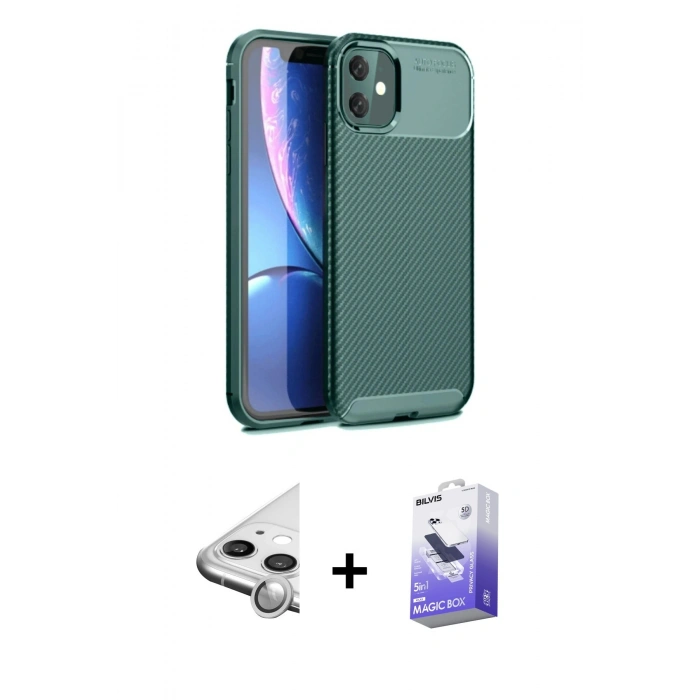 MARSİLYAN™- iPhone 11 Kılıf Eksen Form Prime - Siyah Bilvis 5in1 5D Magic Hayalet Cam Ekran Koruyucu + Raze Metal Kamera Lens - GS