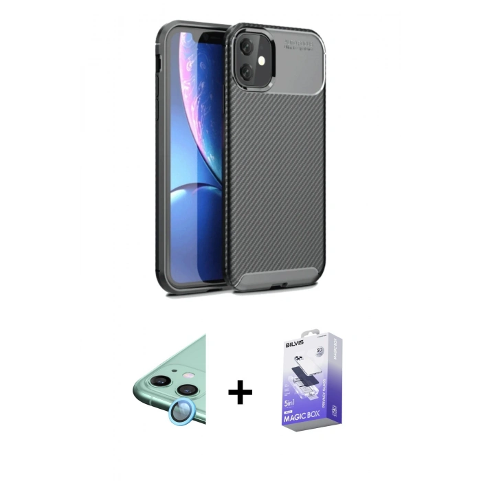 MARSİLYAN™- iPhone 11 Kılıf Eksen Form Prime - Siyah Bilvis 5in1 5D Magic Hayalet Cam Ekran Koruyucu + Raze Metal Kamera Lens - MI