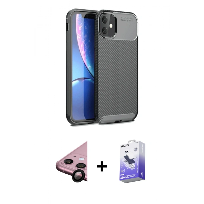 MARSİLYAN™- iPhone 11 Kılıf Eksen Form Prime - Siyah Bilvis 5in1 5D Magic Hayalet Cam Ekran Koruyucu + Raze Metal Kamera Lens - SH
