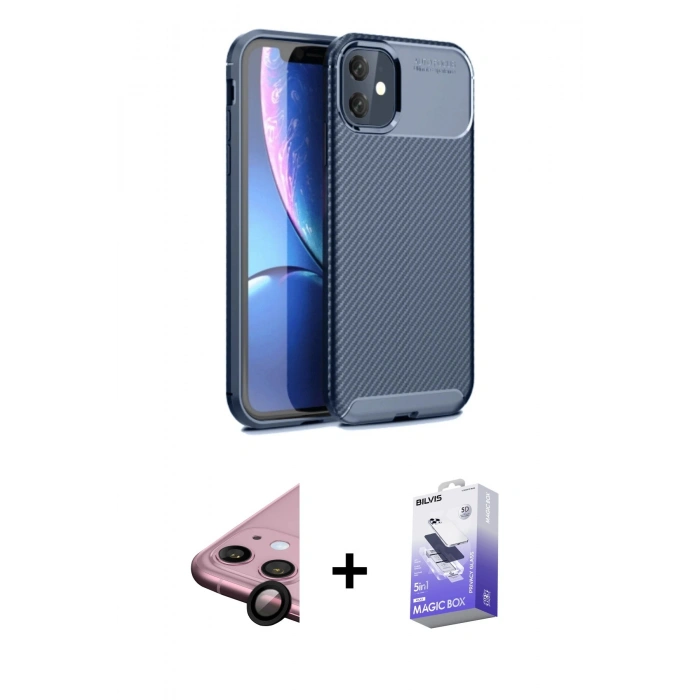 MARSİLYAN™- iPhone 11 Kılıf Eksen Form Prime - Siyah Bilvis 5in1 5D Magic Hayalet Cam Ekran Koruyucu + Raze Metal Kamera Lens - SH