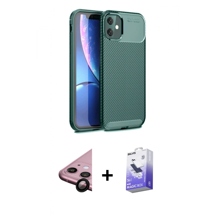 MARSİLYAN™- iPhone 11 Kılıf Eksen Form Prime - Siyah Bilvis 5in1 5D Magic Hayalet Cam Ekran Koruyucu + Raze Metal Kamera Lens - SH