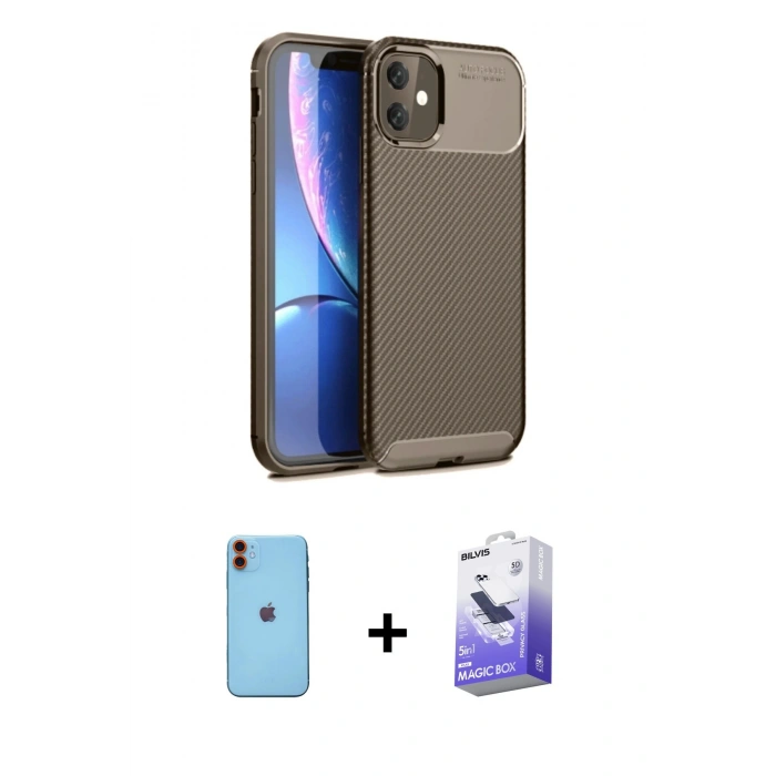 MARSİLYAN™- iPhone 11 Kılıf Eksen Form Prime - Siyah Bilvis 5in1 5D Magic Hayalet Cam Ekran Koruyucu + Neon Fosforlu Kamera Lens - TU