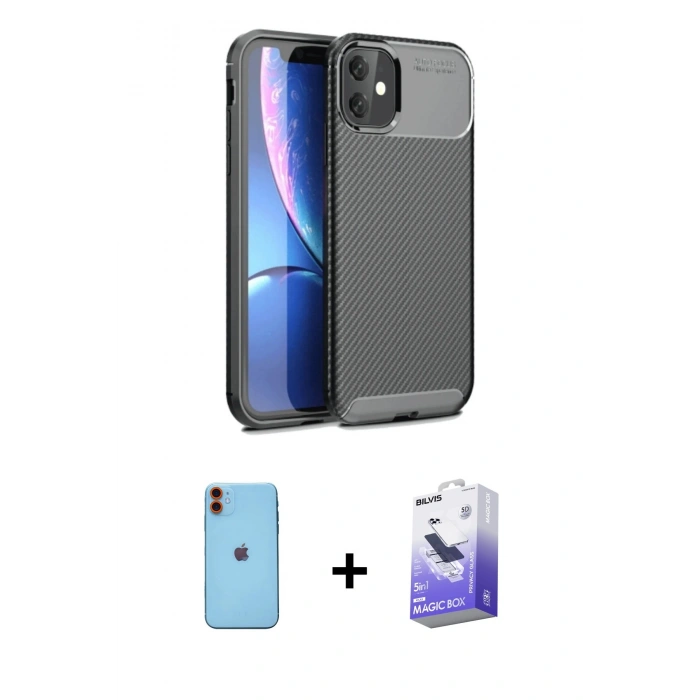 MARSİLYAN™- iPhone 11 Kılıf Eksen Form Prime - Siyah Bilvis 5in1 5D Magic Hayalet Cam Ekran Koruyucu + Neon Fosforlu Kamera Lens - TU