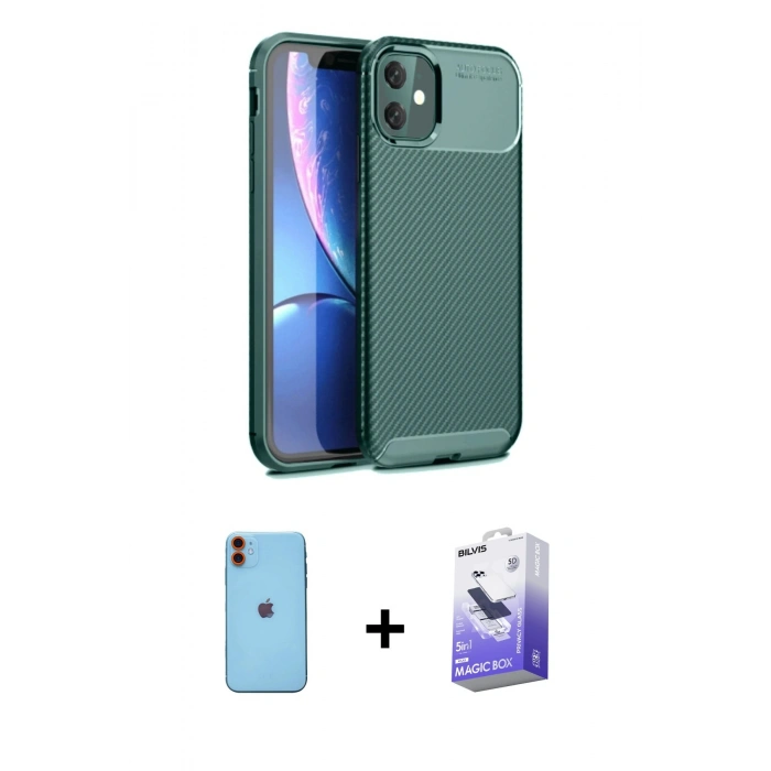 MARSİLYAN™- iPhone 11 Kılıf Eksen Form Prime - Siyah Bilvis 5in1 5D Magic Hayalet Cam Ekran Koruyucu + Neon Fosforlu Kamera Lens - TU