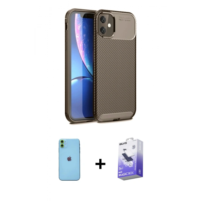 MARSİLYAN™- iPhone 11 Kılıf Eksen Form Prime - Siyah Bilvis 5in1 5D Magic Hayalet Cam Ekran Koruyucu + Neon Fosforlu Kamera Lens - YL