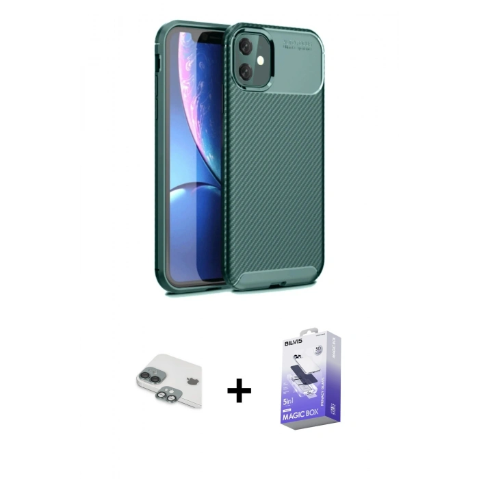 MARSİLYAN™- iPhone 11 Kılıf Eksen Form Prime - Siyah Bilvis 5in1 5D Magic Hayalet Cam Ekran Koruyucu + Pers Alüminyum Kamera Lens - YL