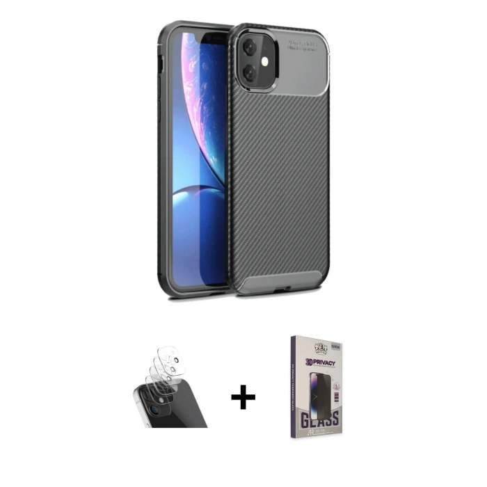 MARSİLYAN™- iPhone 11 Kılıf Eksen Form Prime - Siyah Bilvis Hayalet Cam Ekran Koruyucu + Kamera Lens Koruma Cam - SF