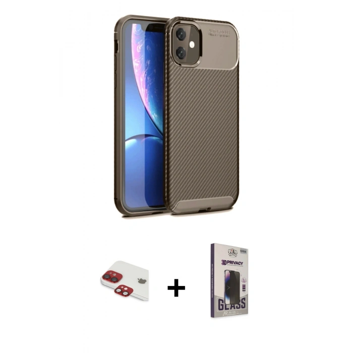 MARSİLYAN™- iPhone 11 Kılıf Eksen Form Prime - Siyah Bilvis Hayalet Cam Ekran Koruyucu + Pers Alüminyum Kamera Lens - KI