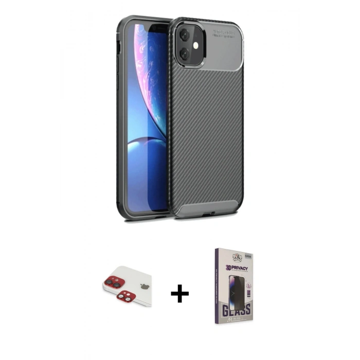 MARSİLYAN™- iPhone 11 Kılıf Eksen Form Prime - Siyah Bilvis Hayalet Cam Ekran Koruyucu + Pers Alüminyum Kamera Lens - KI