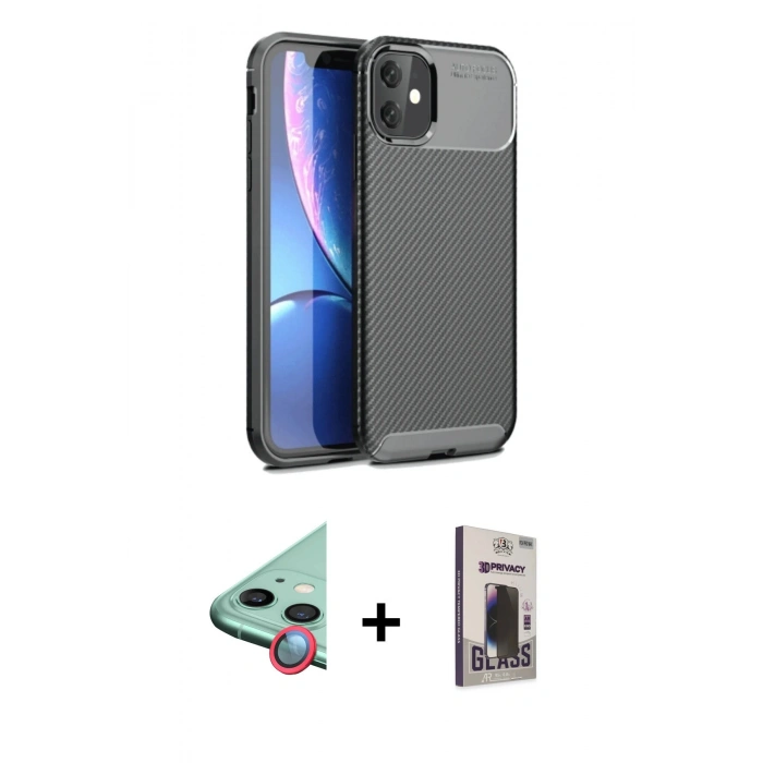 MARSİLYAN™- iPhone 11 Kılıf Eksen Form Prime - Siyah Bilvis Hayalet Cam Ekran Koruyucu + Raze Metal Kamera Lens - KI
