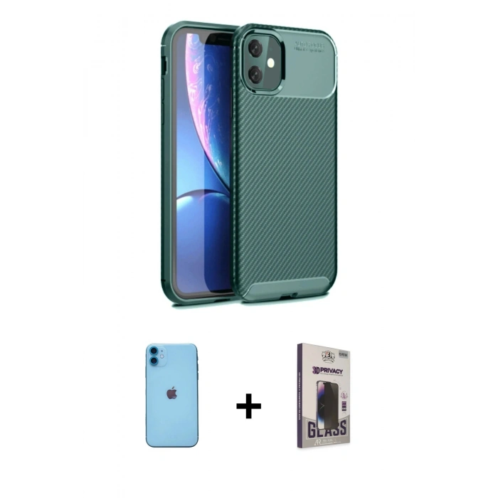 MARSİLYAN™- iPhone 11 Kılıf Eksen Form Prime - Siyah Bilvis Hayalet Cam Ekran Koruyucu + Neon Fosforlu Kamera Lens - MI