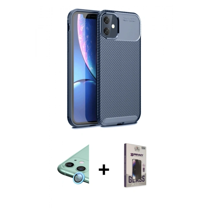 MARSİLYAN™- iPhone 11 Kılıf Eksen Form Prime - Siyah Bilvis Hayalet Cam Ekran Koruyucu + Raze Metal Kamera Lens - MI