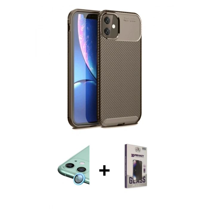 MARSİLYAN™- iPhone 11 Kılıf Eksen Form Prime - Siyah Bilvis Hayalet Cam Ekran Koruyucu + Raze Metal Kamera Lens - MI
