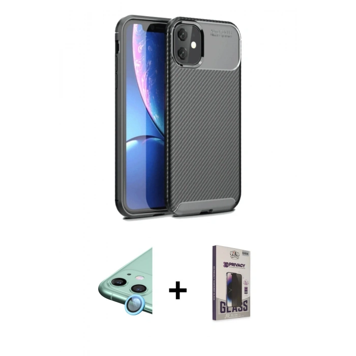 MARSİLYAN™- iPhone 11 Kılıf Eksen Form Prime - Siyah Bilvis Hayalet Cam Ekran Koruyucu + Raze Metal Kamera Lens - MI