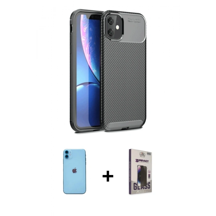 MARSİLYAN™- iPhone 11 Kılıf Eksen Form Prime - Siyah Bilvis Hayalet Cam Ekran Koruyucu + Neon Fosforlu Kamera Lens - MI