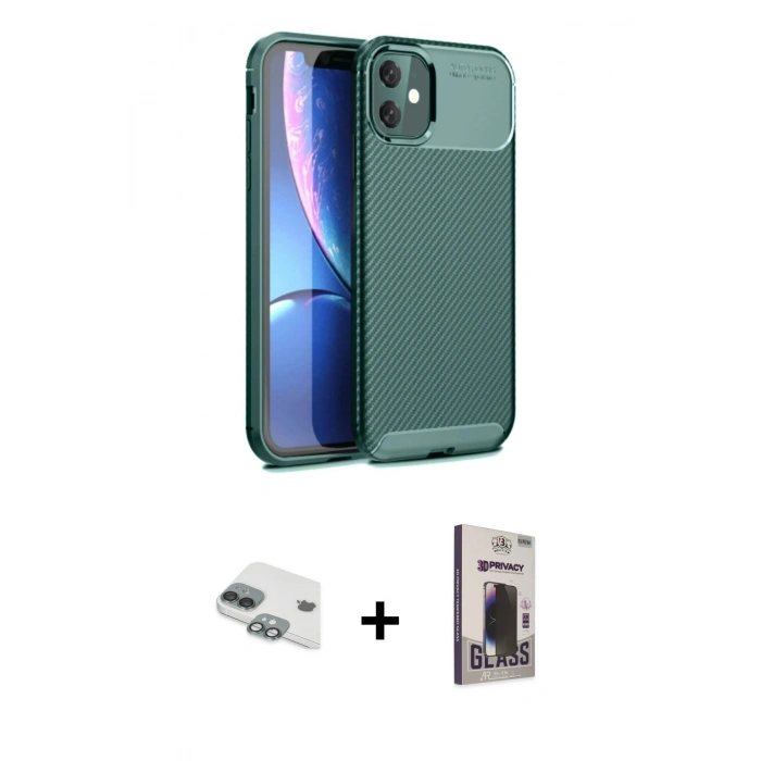 MARSİLYAN™- iPhone 11 Kılıf Eksen Form Prime - Siyah Bilvis Hayalet Cam Ekran Koruyucu + Pers Alüminyum Kamera Lens - YL