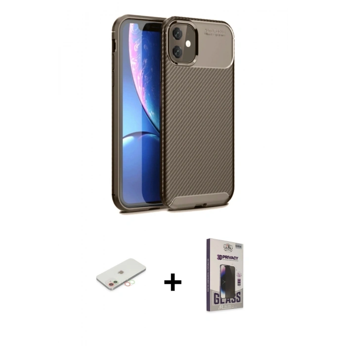 MARSİLYAN™- iPhone 11 Kılıf Eksen Form Prime - Siyah Bilvis Hayalet Cam Ekran Koruyucu + Renkli Kamera Lens Koruma Cam - YL