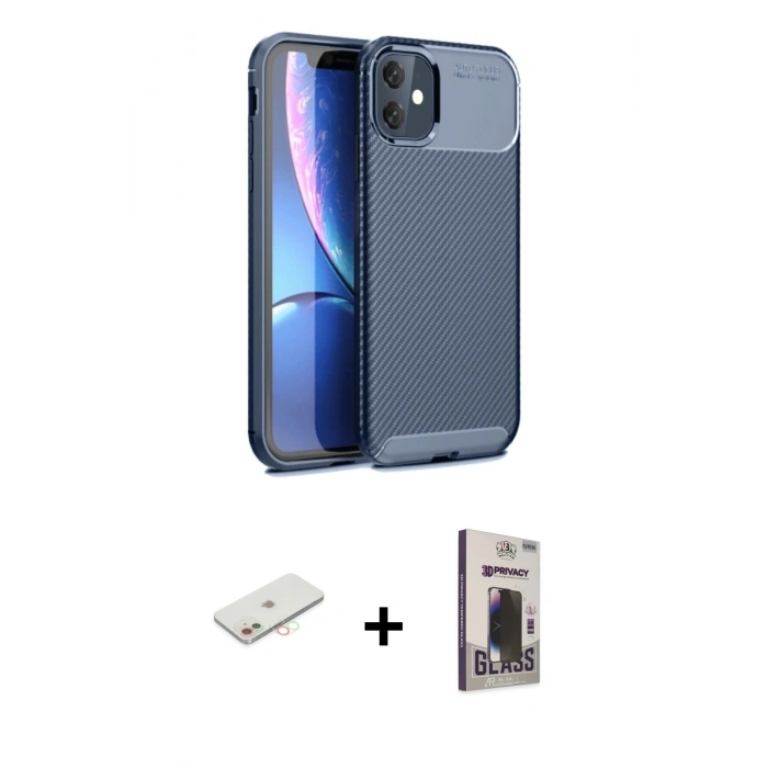 MARSİLYAN™- iPhone 11 Kılıf Eksen Form Prime - Siyah Bilvis Hayalet Cam Ekran Koruyucu + Renkli Kamera Lens Koruma Cam - YL