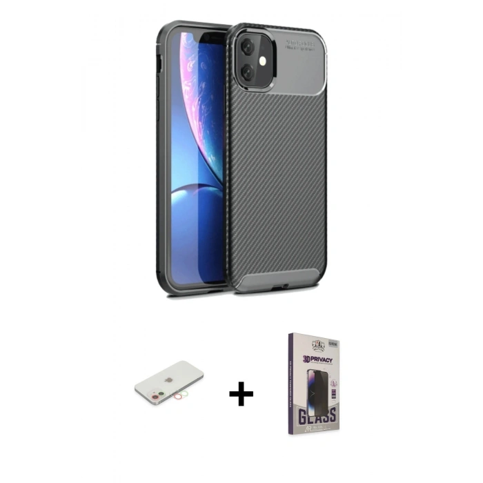MARSİLYAN™- iPhone 11 Kılıf Eksen Form Prime - Siyah Bilvis Hayalet Cam Ekran Koruyucu + Renkli Kamera Lens Koruma Cam - YL