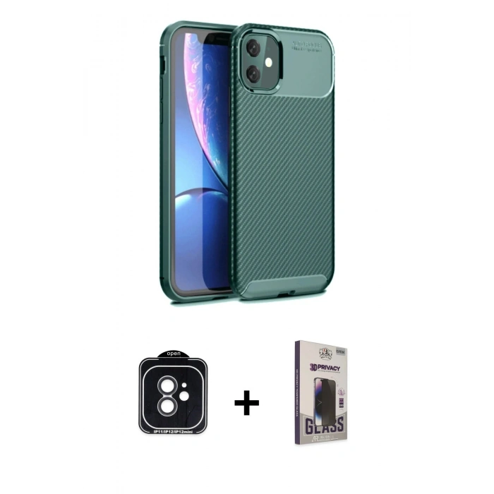 MARSİLYAN™- iPhone 11 Kılıf Eksen Form Prime - Siyah Bilvis Hayalet Cam Ekran Koruyucu + PVD Metal Kamera Lens - SH