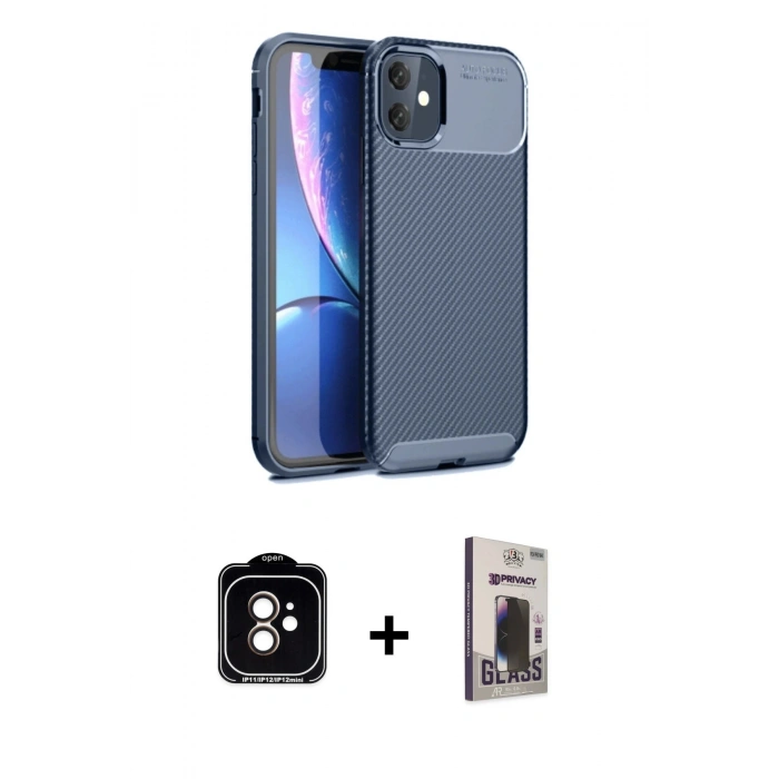 MARSİLYAN™- iPhone 11 Kılıf Eksen Form Prime - Siyah Bilvis Hayalet Cam Ekran Koruyucu + PVD Metal Kamera Lens - TU