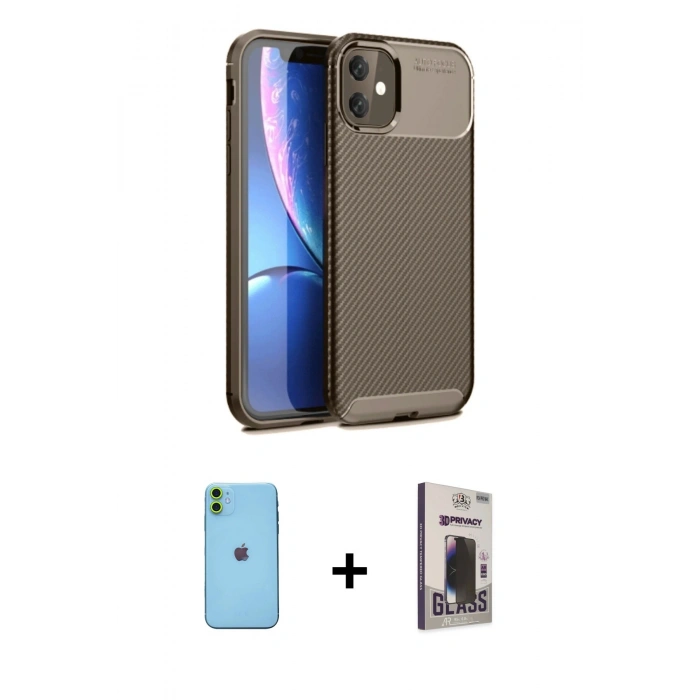 MARSİLYAN™- iPhone 11 Kılıf Eksen Form Prime - Siyah Bilvis Hayalet Cam Ekran Koruyucu + Neon Fosforlu Kamera Lens - YL