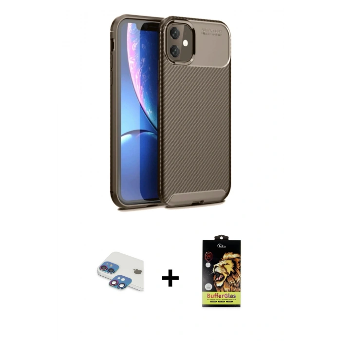 MARSİLYAN™- iPhone 11 Kılıf Eksen Form Prime - Siyah Buffer Cam Ekran Koruyucu + Pers Alüminyum Kamera Lens - GI