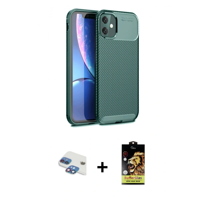 MARSİLYAN™- iPhone 11 Kılıf Eksen Form Prime - Siyah Buffer Cam Ekran Koruyucu + Pers Alüminyum Kamera Lens - GI