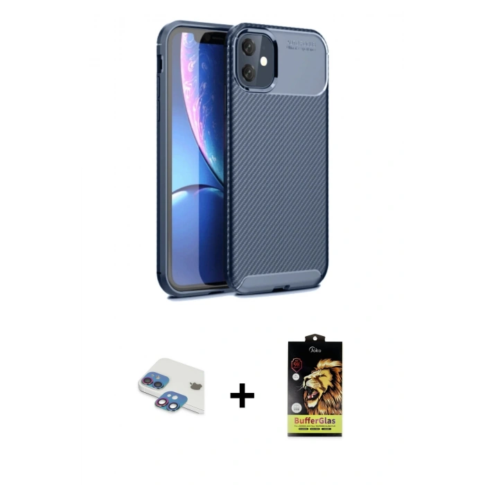 MARSİLYAN™- iPhone 11 Kılıf Eksen Form Prime - Siyah Buffer Cam Ekran Koruyucu + Pers Alüminyum Kamera Lens - GI