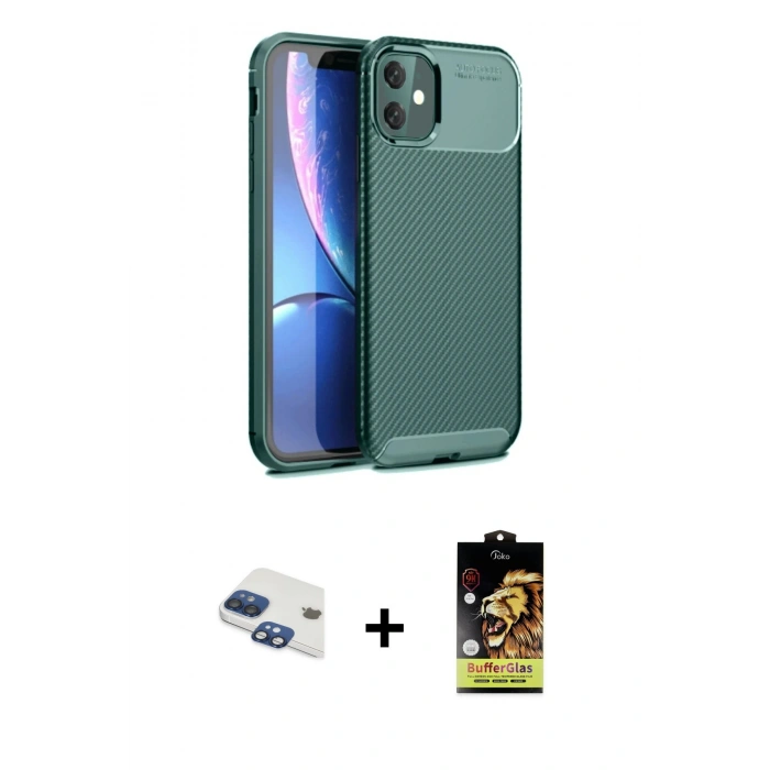 MARSİLYAN™- iPhone 11 Kılıf Eksen Form Prime - Siyah Buffer Cam Ekran Koruyucu + Pers Alüminyum Kamera Lens - LT