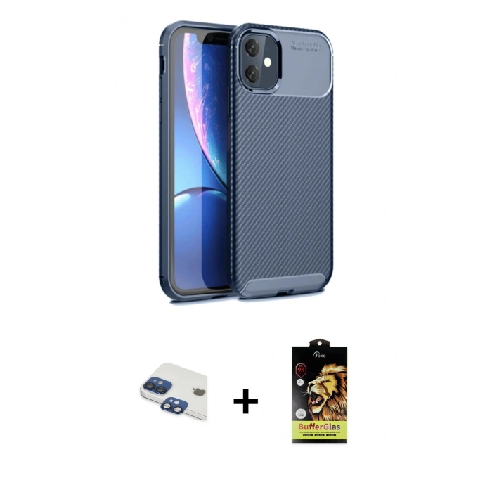 MARSİLYAN™- iPhone 11 Kılıf Eksen Form Prime - Siyah Buffer Cam Ekran Koruyucu + Pers Alüminyum Kamera Lens - LT