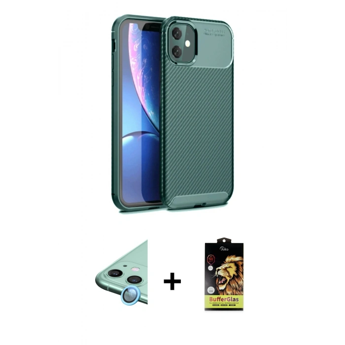 MARSİLYAN™- iPhone 11 Kılıf Eksen Form Prime - Siyah Buffer Cam Ekran Koruyucu + Raze Metal Kamera Lens - MI