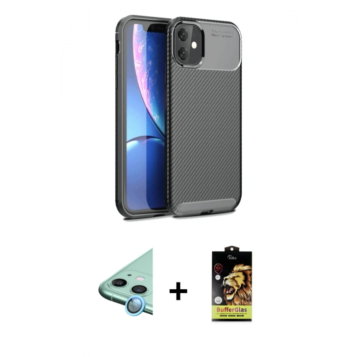 MARSİLYAN™- iPhone 11 Kılıf Eksen Form Prime - Siyah Buffer Cam Ekran Koruyucu + Raze Metal Kamera Lens - MI