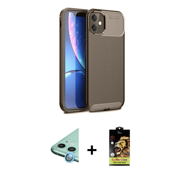 MARSİLYAN™- iPhone 11 Kılıf Eksen Form Prime - Siyah Buffer Cam Ekran Koruyucu + Raze Metal Kamera Lens - MI