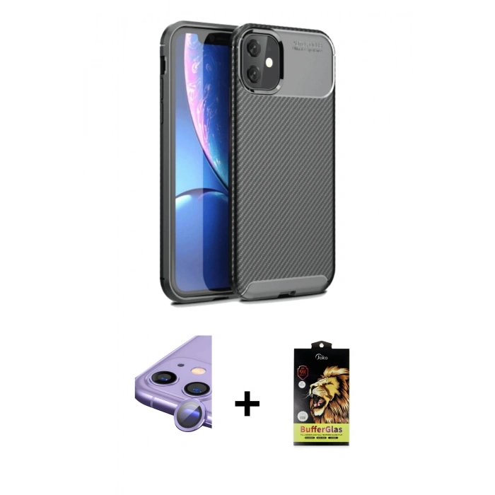 MARSİLYAN™- iPhone 11 Kılıf Eksen Form Prime - Siyah Buffer Cam Ekran Koruyucu + Raze Metal Kamera Lens - MR