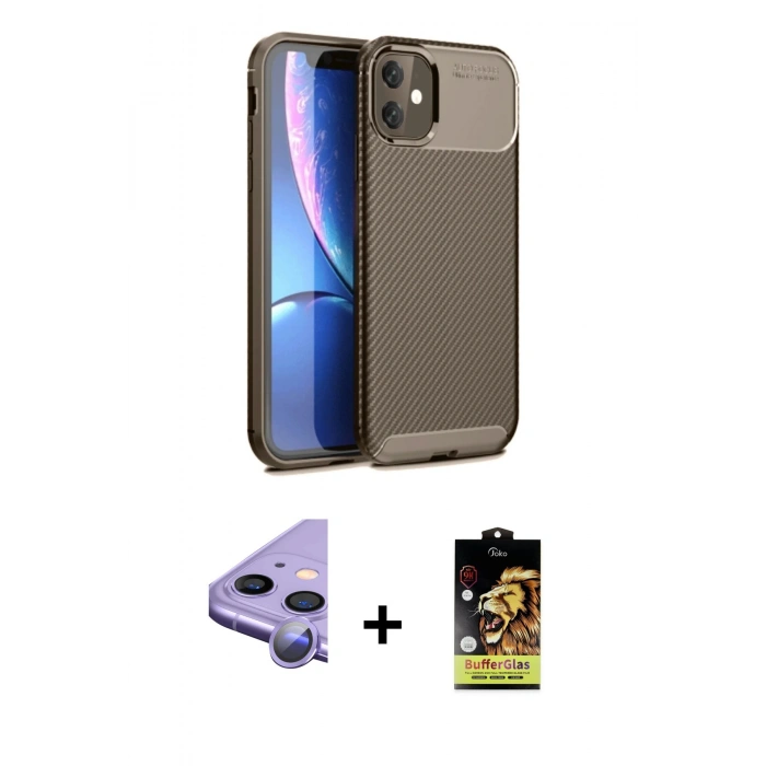 MARSİLYAN™- iPhone 11 Kılıf Eksen Form Prime - Siyah Buffer Cam Ekran Koruyucu + Raze Metal Kamera Lens - MR