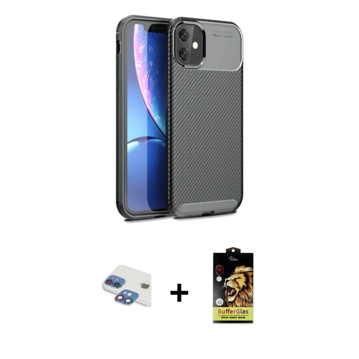 MARSİLYAN™- iPhone 11 Kılıf Eksen Form Prime - Siyah Buffer Cam Ekran Koruyucu + Pers Alüminyum Kamera Lens - GI