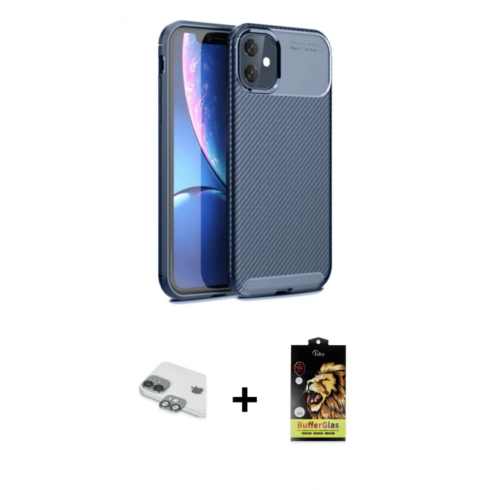 MARSİLYAN™- iPhone 11 Kılıf Eksen Form Prime - Siyah Buffer Cam Ekran Koruyucu + Pers Alüminyum Kamera Lens - YL