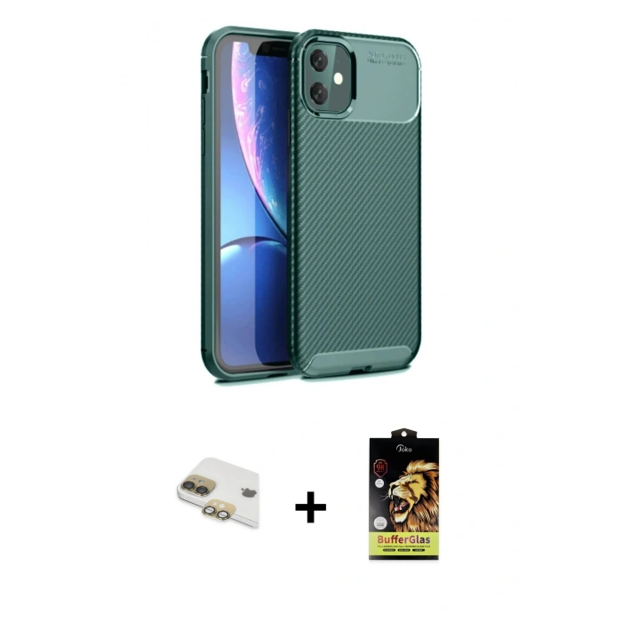 MARSİLYAN™- iPhone 11 Kılıf Eksen Form Prime - Siyah Buffer Cam Ekran Koruyucu + Pers Alüminyum Kamera Lens - GD