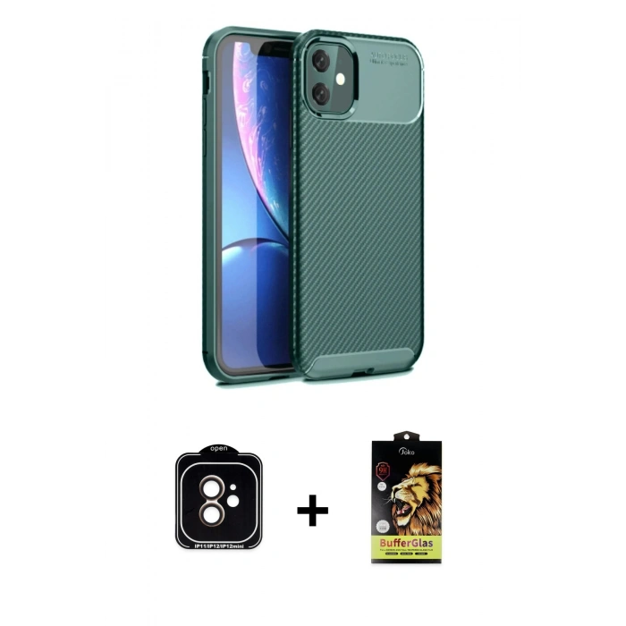 MARSİLYAN™- iPhone 11 Kılıf Eksen Form Prime - Siyah Buffer Cam Ekran Koruyucu + PVD Metal Kamera Lens - TU