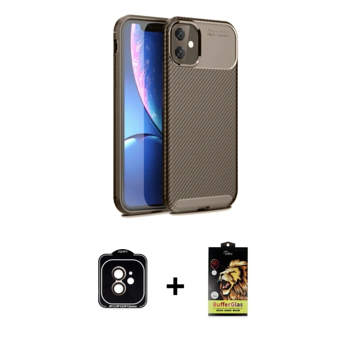 MARSİLYAN™- iPhone 11 Kılıf Eksen Form Prime - Siyah Buffer Cam Ekran Koruyucu + PVD Metal Kamera Lens - TU