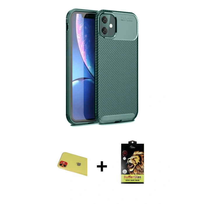 MARSİLYAN™- iPhone 11 Kılıf Eksen Form Prime - Siyah Buffer Cam Ekran Koruyucu + Rainbow Kamera Lens Koruma Cam - KI